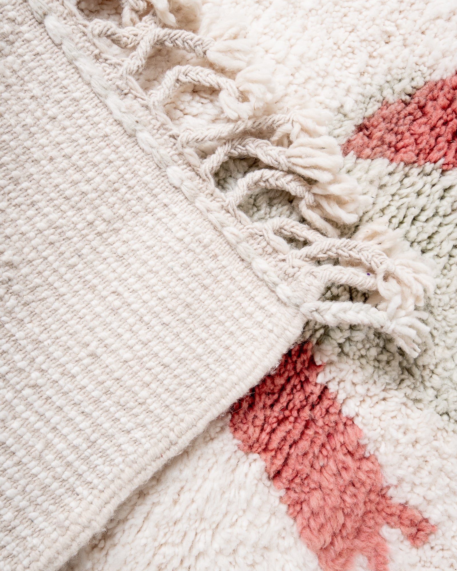 Modern, designer, handcrafted Berber rug from Morocco. Beniourain carpet with beautiful colours and patterns and fluffy wool texture.